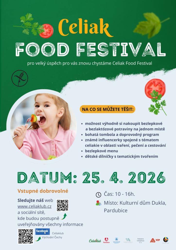 Celiaklub pořádá Celiak Food Festival, který se uskuteční 25. dubna 2026 od 10 do 16 hodin v Kulturním domě Dukla v Pardubicích.