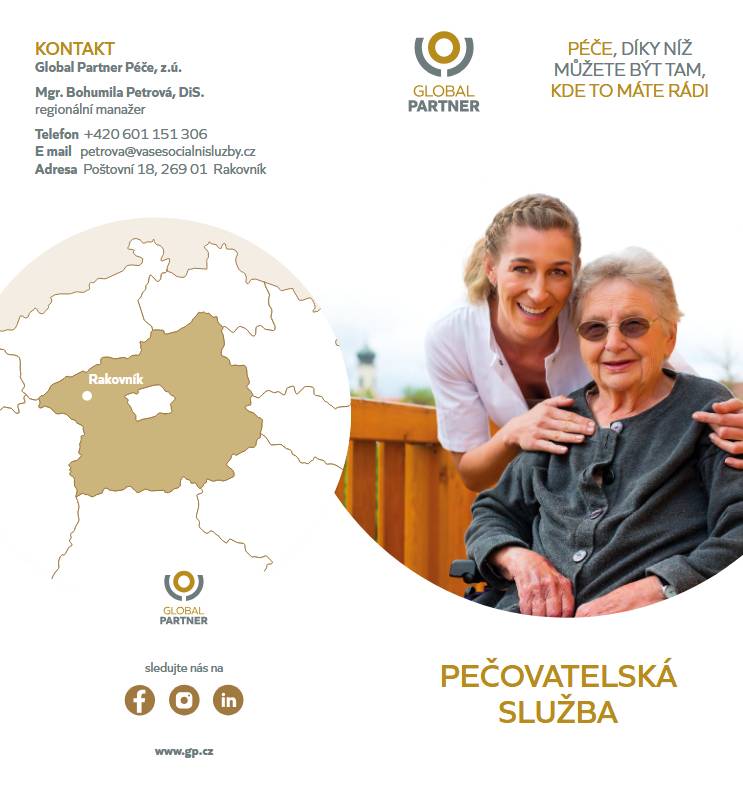 Pečovatelská služba Global Partner se zaměřuje na poskytování terénní sociální pomoci seniorům a těm, kteří trpí zdravotním postižením. Služba je určena pro osoby, jež kvůli svému věku či zdravotnímu stavu potřebují asistenci v běžných činnostech. PROVOZNÍ DOBA  pondělí–neděle: 7.00–18.00 hodi