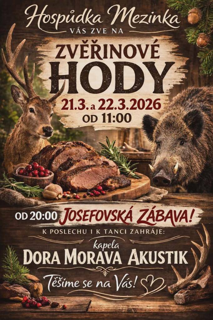 Hospůdka Mezinka zve na zvěřinové hody 21.3. a 22.3.2026,  v sobotu 21.3.2026 Josefovská zábava