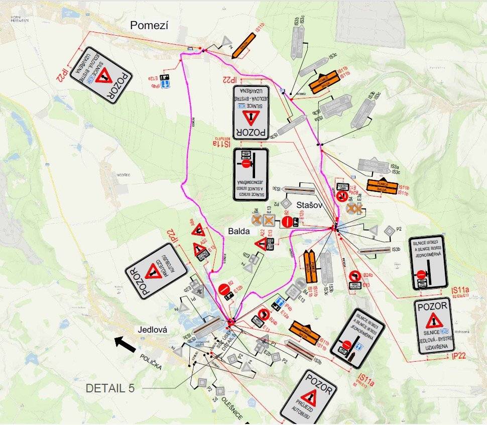 V souvislosti s modernizací silnice II/362 Jedlová – hranice kraje v období od 7.4.2026 – 3.10.2026 bude silnice Stašov – Jedlová III/3623 využívána pouze jako jednosměrná komunikace, a to ve směru Jedlová – Stašov. Směrem od Stašova bude zákaz vjezdu. Využít lze trasu Stašov - Hamry - Jedlová. Silnice bude sloužit jako obslužná trasa pro autobusy zajišťující obslužnost obce Jedlová. Celková situace uzavírek a objízdních tras:  https://www.obec-stasov.cz/?page_id=625