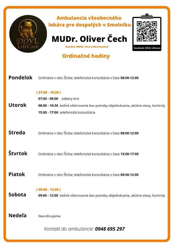 Vážení spoluobčania, milí pacienti,  prinášame Vám ordinačné hodiny MUDr. Olivera Čecha.  Pacienti, ktorí majú záujem o vytvorenie zmluvy s MUDr. Oliverom Čechom sa môžu dostaviť do priestorov ambulancie na Obecnom úrade v utorky a soboty.