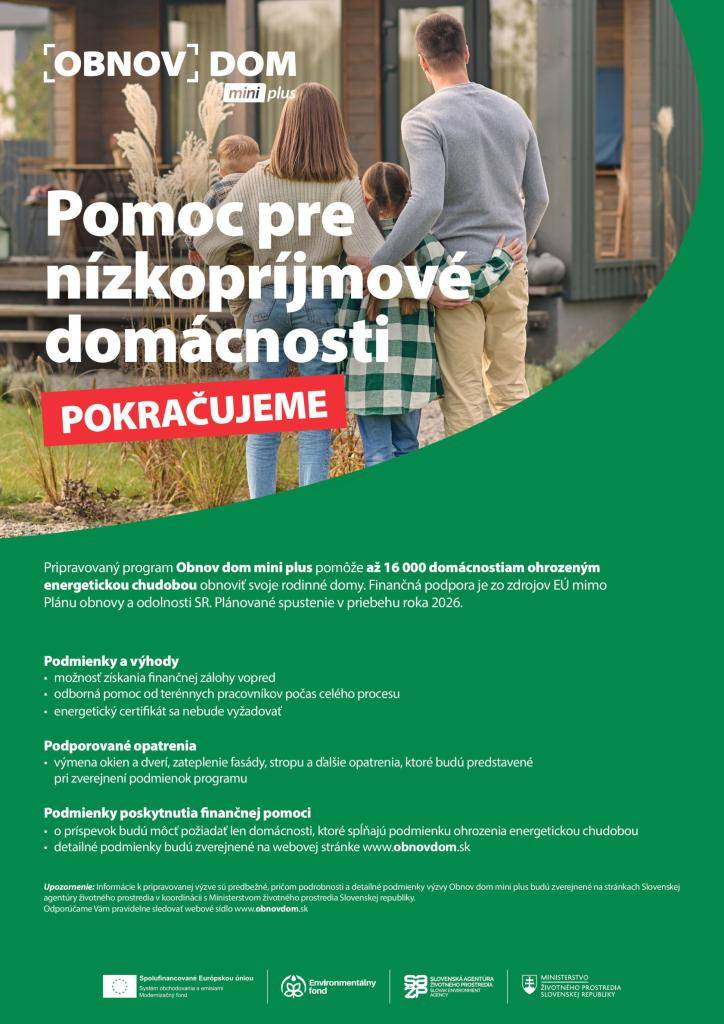 Vážení občania,  v mene Slovenskej agentúry životného prostredia  si Vás dovoľujeme pozvať na stretnutie k pripravovanej výzve Obnov dom mini plus, ktorá bude pokračovaním úspešného programu Obnov dom mini. Stretnutie sa bude konať 19. marca 2026 od 10:00 h do 11:30 h v sále Obecného domu v Udiči.