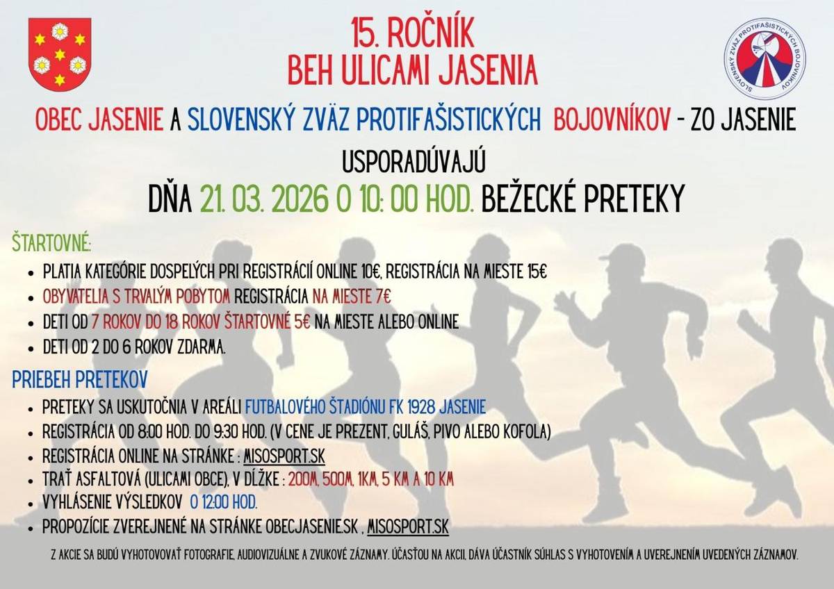 Obec Jasenie srdečne pozýva všetkých občanov, športovcov aj priaznivcov aktívneho životného štýlu na podujatie „Beh ulicami Jasenia“, ktoré sa uskutoční už túto  sobotu 21. marca 2026. na futbalovom štadióne FK 1928.