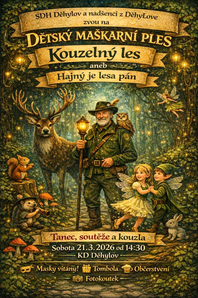 SDH Děhylov a nadšenci z DěhyLove Vás zvou na dětský maškarní ples dne 21.3.2026 v KD Děhylov. Můžete se těšit na tanec, soutěže a kouzla.