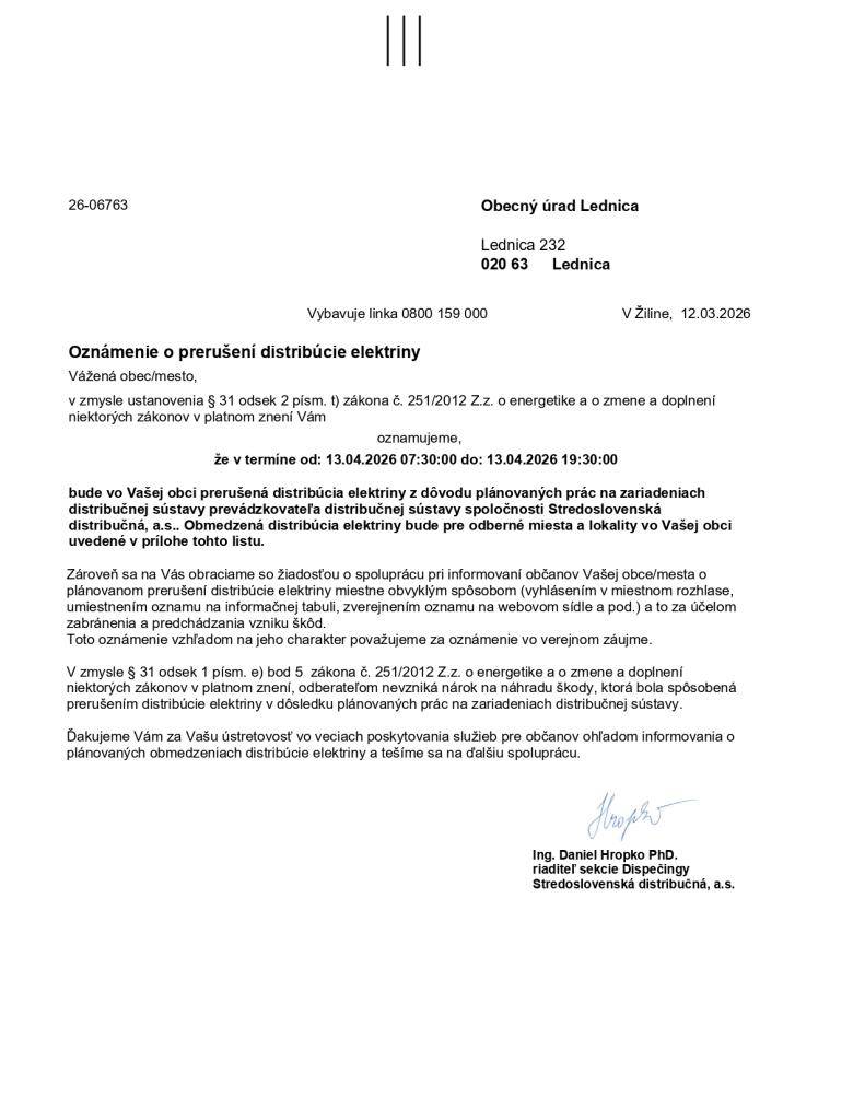 Oznámenie o prerušení distribúcie elektrickej energie dňa 13.04.2026 a zoznam odberových miest, kde bude obmedzená distribúcia.