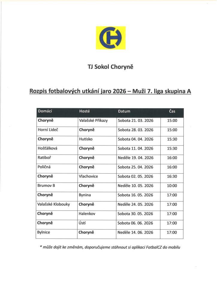 Rozpis fotbalových utkání jaro 2026 – Muži 7. liga skupina A. Může dojít ke změnám, doporučujeme stáhnout si aplikaci FotbalCZ do mobilu.
