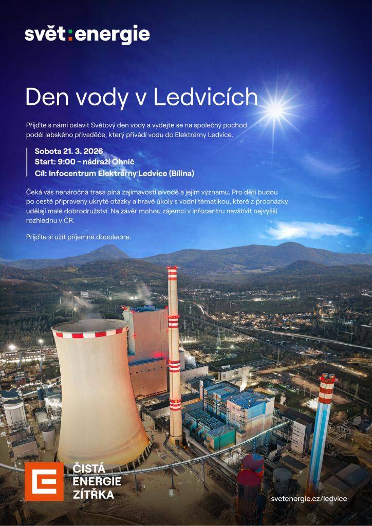 Přijďte oslavit Světový den vody s námi v Ledvicích! V sobotu 21. března 2026 se vydáme na společný pochod podél labského přivaděče, který zásobuje Elektrárnu Ledvice. Startujeme v 9:00 u nádraží a cílem je Infocentrum Elektrárny. Na účastníky čeká nenáročná trasa plná zajímavostí o vodě a jejím výz
