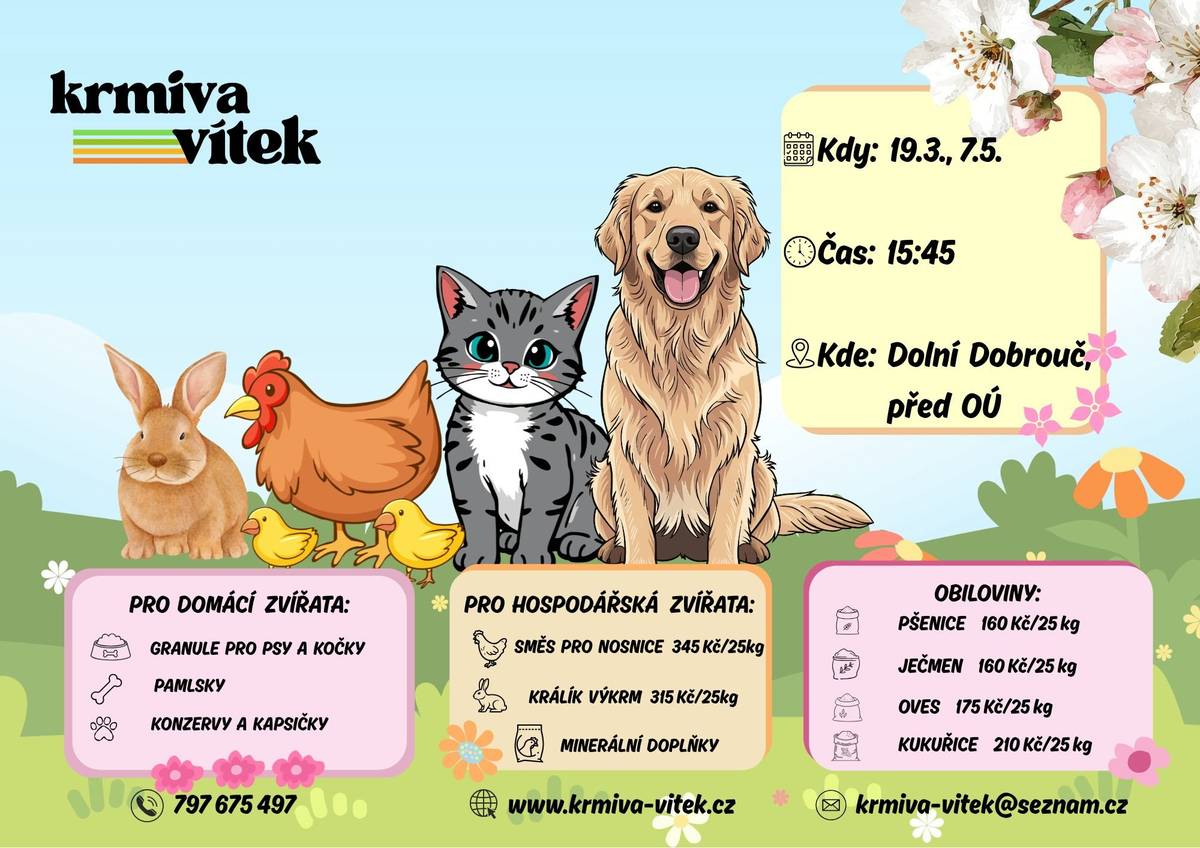 Firma Vítek bude prodávat krmiva pro domácí a hospodářská zvířata. V akci: Letní směs pro nosnice 345Kč/25kg, Králík výkrm 315Kč/25kg, kapsičky pro kočky od 5 Kč/ks. Dále proběhne výkup králičích kůží za 15Kč/ks. Prodej proběhne ve čtvrtek 19.3. ve 15:45 před OÚ.