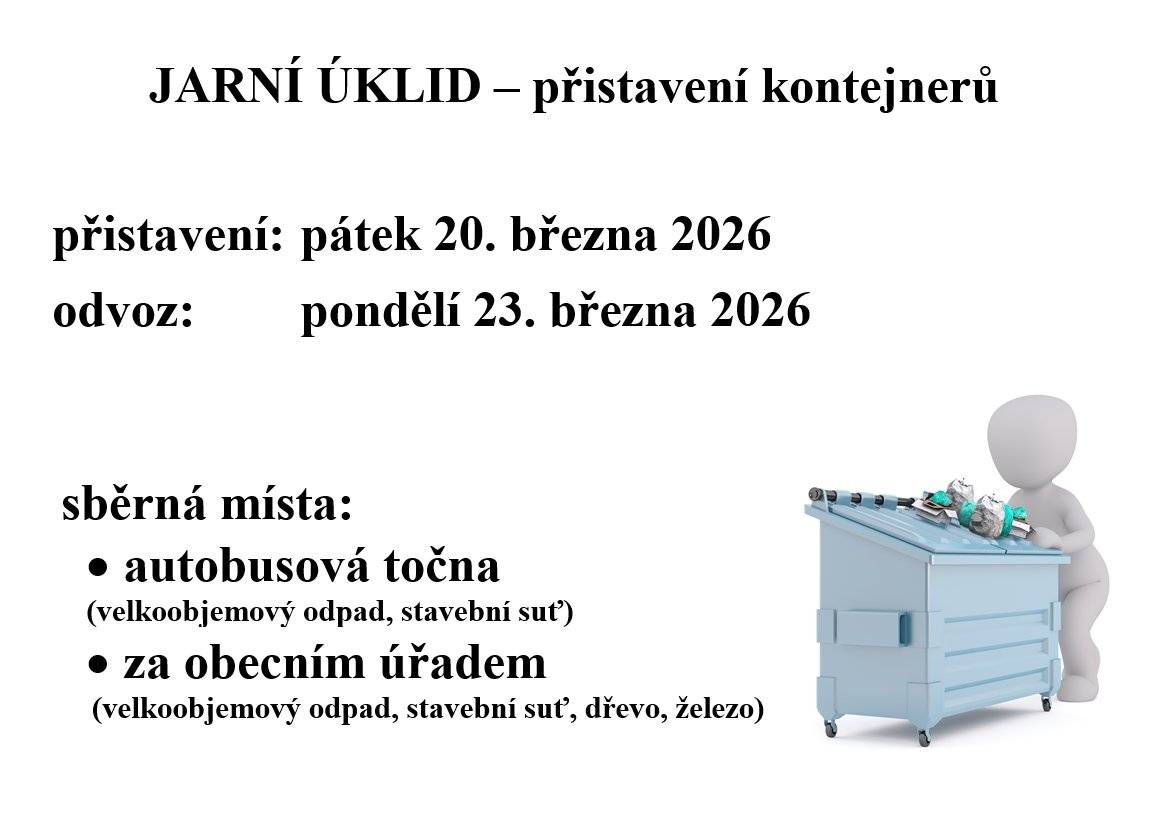 Od pátku 20. března do pondělí 23. března budou na autobusové točně a za obecním úřadem přistaveny kontejnery na velkoobjemový odpad a stavební suť. Za obecním úřadem budou také kontejnery na dřevo a železo.