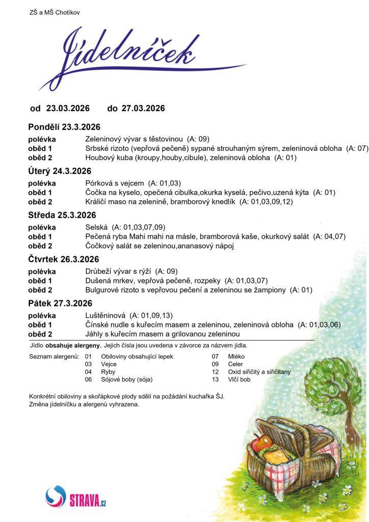 Jídelní lístek ZŠ a MŠ Chotíkov na týden 23. 03. 2026 - 27. 03. 2026.