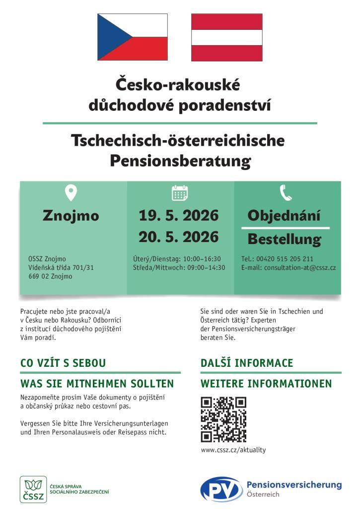 Ve dnech 19. a 20. května 2026 se v prostorách Okresní správy sociálního zabezpečení ve Znojmě, Vídeňská 31 uskuteční další Česko-rakouský poradenský den k důchodům.