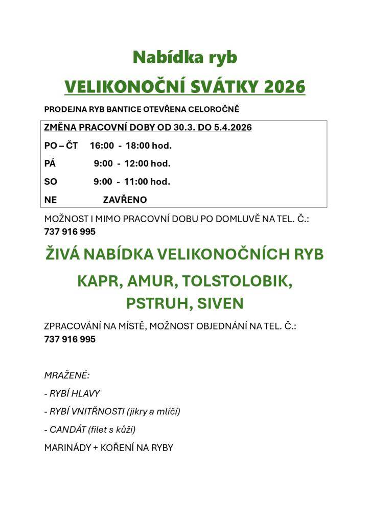 Velikonoční nabídka ryb, prodejna Bantice.