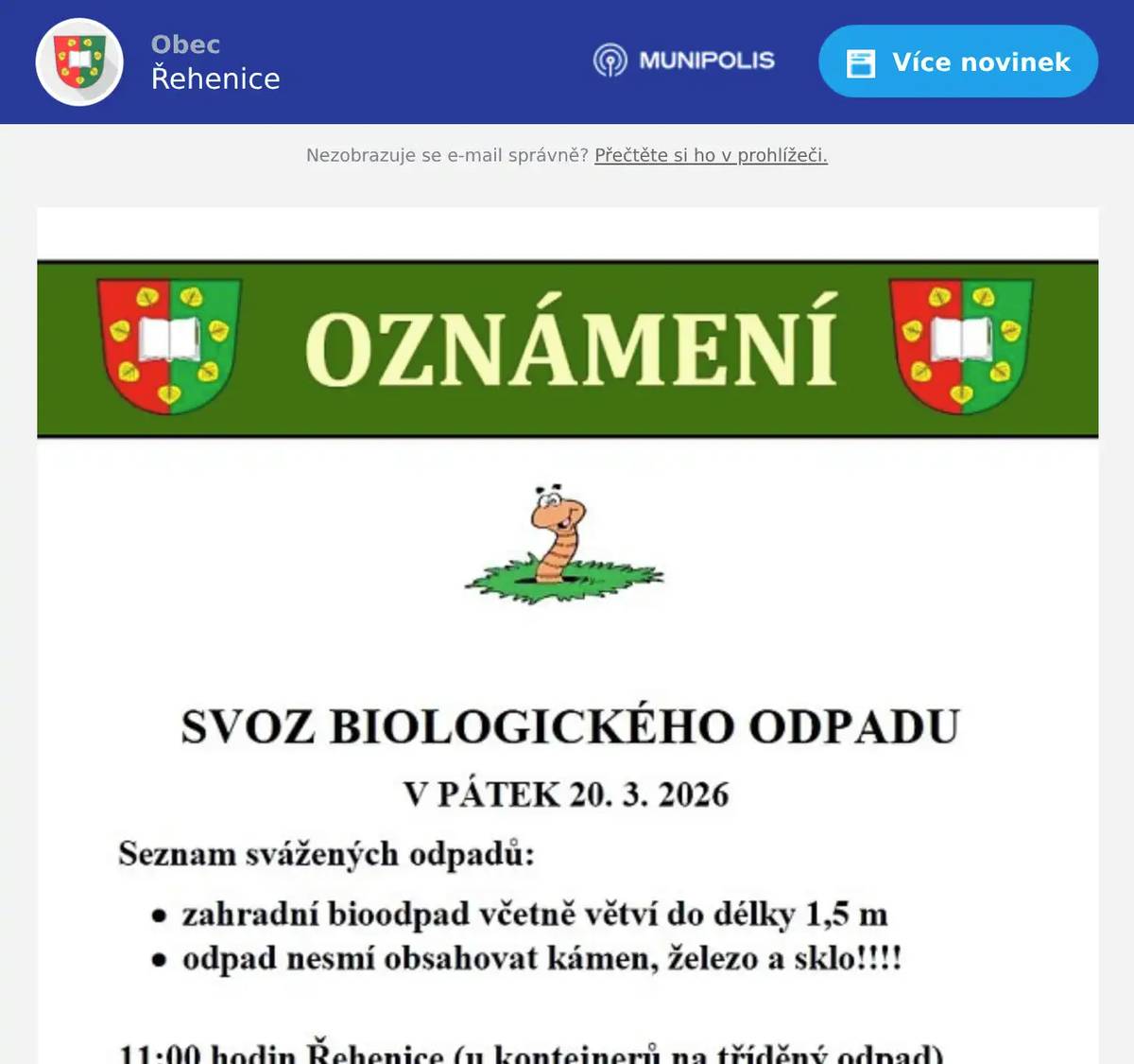 Svoz biologického odpadu proběhne tento pátek 20. 3. 2026.