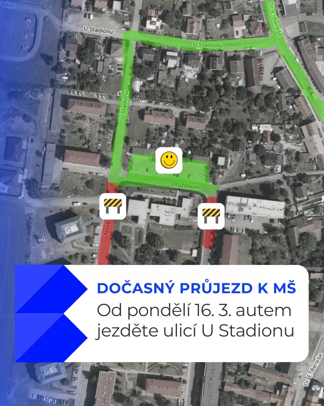 Pozor, od pondělí se dočasně mění příjezd ke školce v Bystřici. K uzavírce ulice Nové se přidá omezení v Družstevní. Ke školce a parkovišti projedete obousměrně přes ulici U Stadionu.