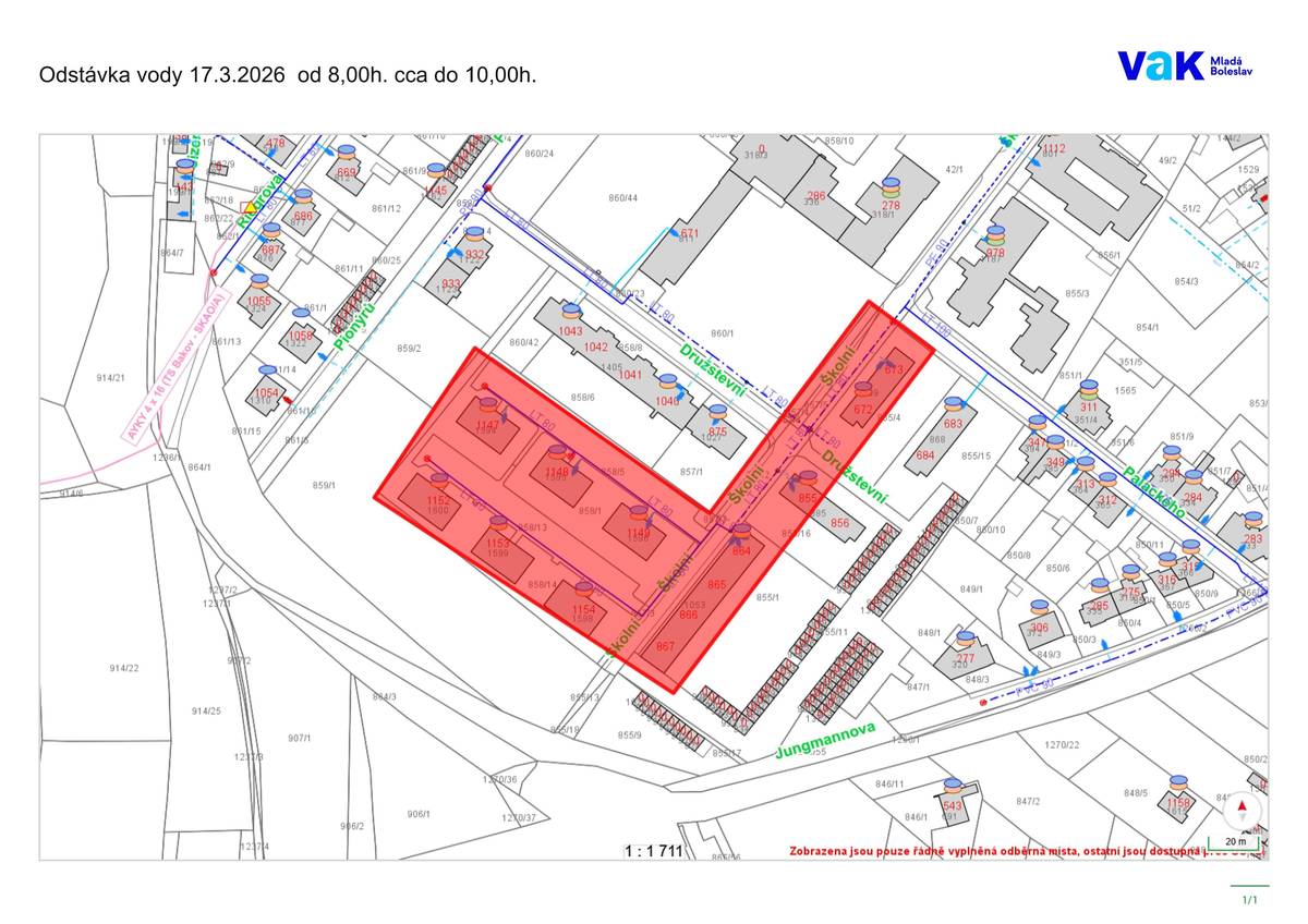 Společnost Vodovody a kanalizace Mladá Boleslav, a. s. oznamuje, že v úterý 17. 3. 2026 dojde v části města k dočasnému přerušení dodávky pitné vody. 📍 Místo: ulice Školní (viz přiložená mapa) 🕗 Čas odstávky: 8:00 – cca 10:00 🔧 Důvod: oprava vodovodní přípojky 📬 Obyvatelé dotčených nemovitostí obdrží také oznámení do poštovních schránek. Děkujeme za pochopení a omlouváme se za případné komplikace. 🙏