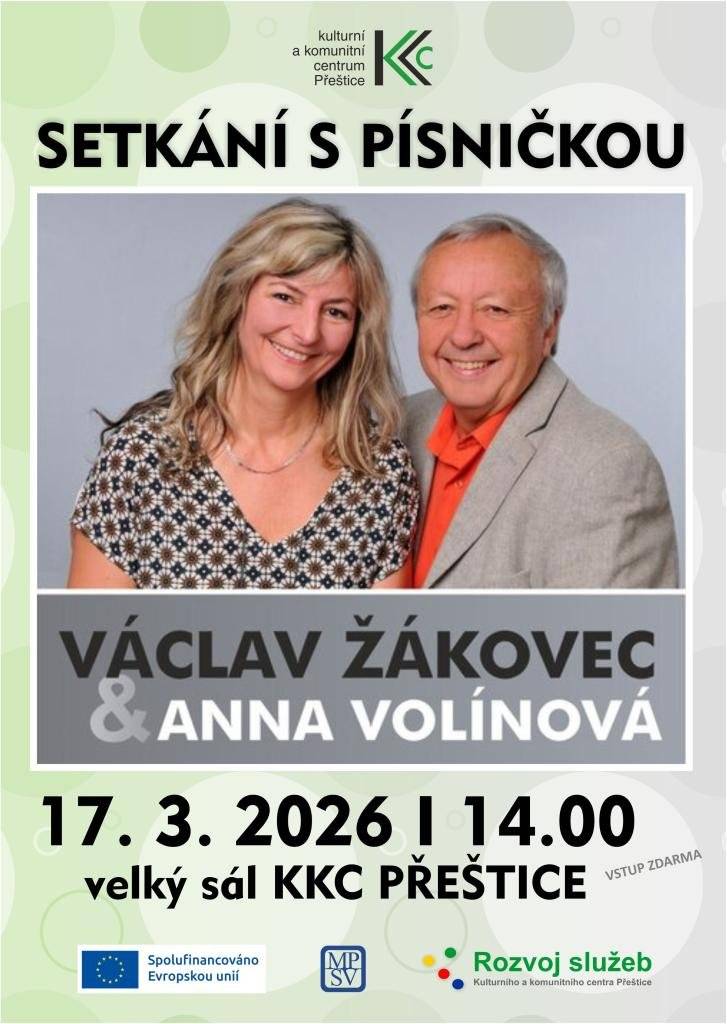 17. 3. 2026 od 14:00 | Setkání s písničkou 19. 3. 2026 od 19:00 | komedie Mlčeti zlato 24. 3. 2026 od 17:00 | přednáška Přeštický rodák a kladrubský benediktin Kilián Hronn 26. 3. 2026 od 18:00 | Akční žena(y) 28. 3. 2026 od 19:00 | divadelní komedie Halali  31. 3. 2026 od 18:00 | přednáška Madeira