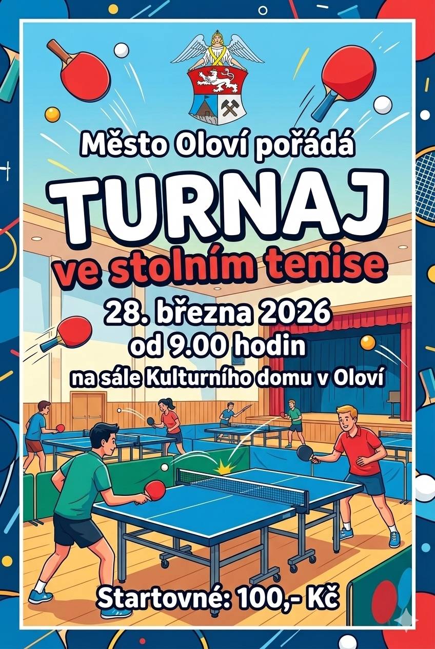 Město Oloví pořádá turnaj ve stolním tenise dne 28. března 2026 od 9.00 na sále Kulturního domu Oloví.