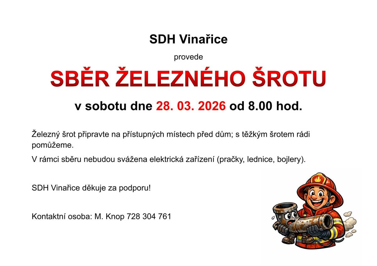 SDH Vinařice provede dne 28. 03. 2026 sběr železného šrotu.