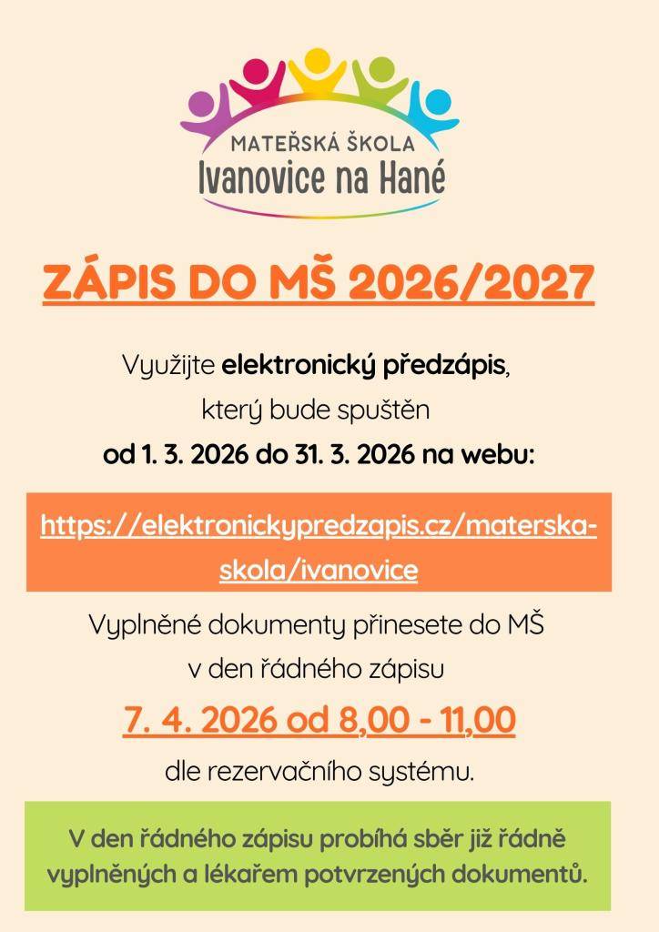 MŠ Ivanovice na Hané oznamuje, že Ministerstvo školství  posunulo letošní zápisy do mateřských škol na dřívější termín. V naší MŠ byl spuštěný elektronický předzápis, který Vás zápisem provede. Více informaci naleznete na webu školky.