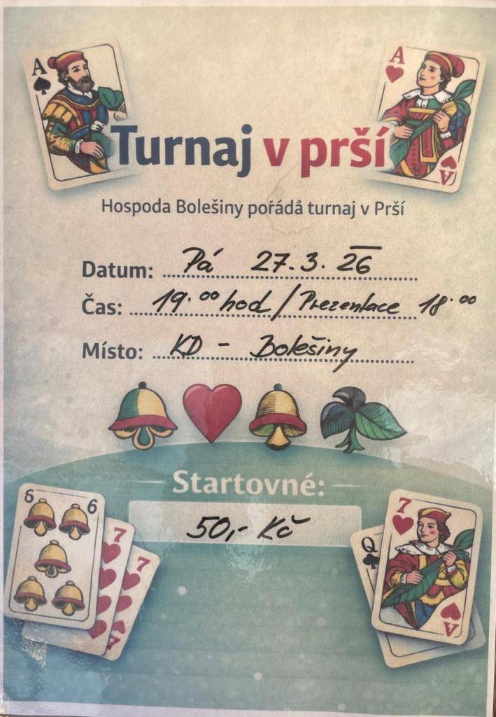 Pátek 27.3.2026 od 19.00 hod. v KD Bolešiny, prezentace od 18.00 hod., pořádá Hospoda Bolešiny.