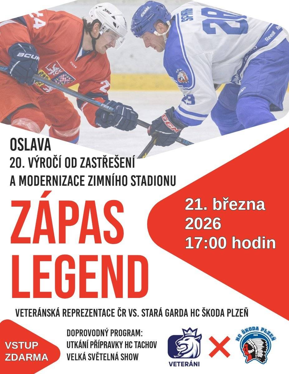 Co je na programu?  Zápas legend - Veteráni české reprezentace vs. Stará garda Plzeň  O přestávce zápasu se představí mladé tachovské naděje z HC Tachov a krasobruslaři z KRASO Tachov.   Čeká vás také nadupaná světelná show a DJ set.   Vstupné na akci je zdarma.    📅sobota 21. března ⏰začátek v 16:30 📍tachovský zimní stadion   Tak ať tribuny praskají ve švech!