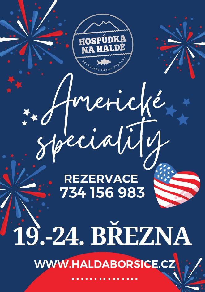 Hospůdka na Haldě si pro Vás od 19.3. do 24.3 připravila Americké speciality.    Těšit se můžete na tacos, žebra, steaky, burgery, křidýlka a mnoho dalších amerických specialit.   Rezervace stolu na telefonu 734 156 983.