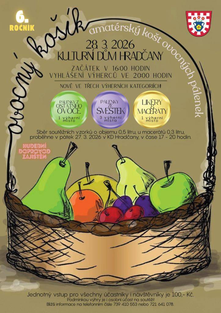 obec Hradčany vás srdečně zve na 6. ročník amatérského koštu ovocných pálenek, který se uskuteční  28. března 2026 od 16:00 hodin v Kulturním domě v Hradčanech  Těšit se můžete na ochutnávku pálenek i likérů ve třech soutěžních kategoriích.