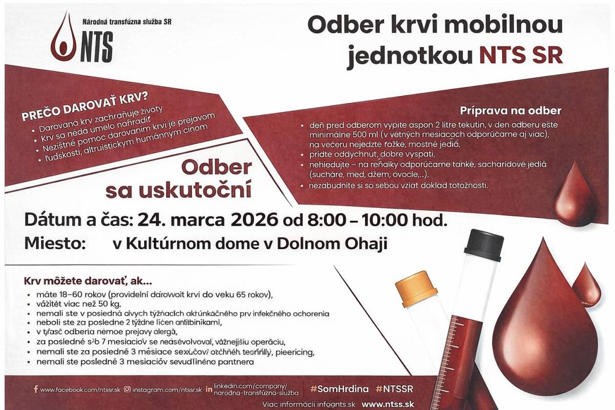 Odber krvi dňa 24.03.2026 od 08:00 - 10:00 hod.