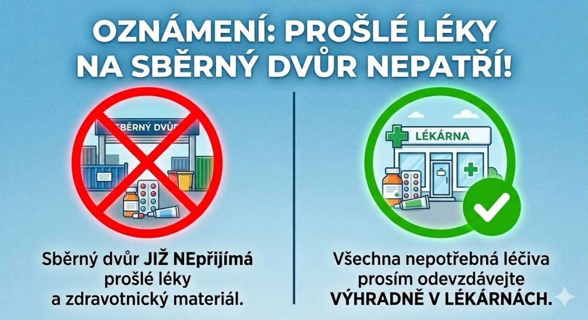 Oznamujeme občanům, že prošlé léky a zdravotnický materiál již není možné ukládat na sběrném dvoře. Veškerá léčiva odevzdávejte prosím výhradně v lékárnách, které jsou k jejich odborné likvidaci určeny. Děkujeme za pochopení.
