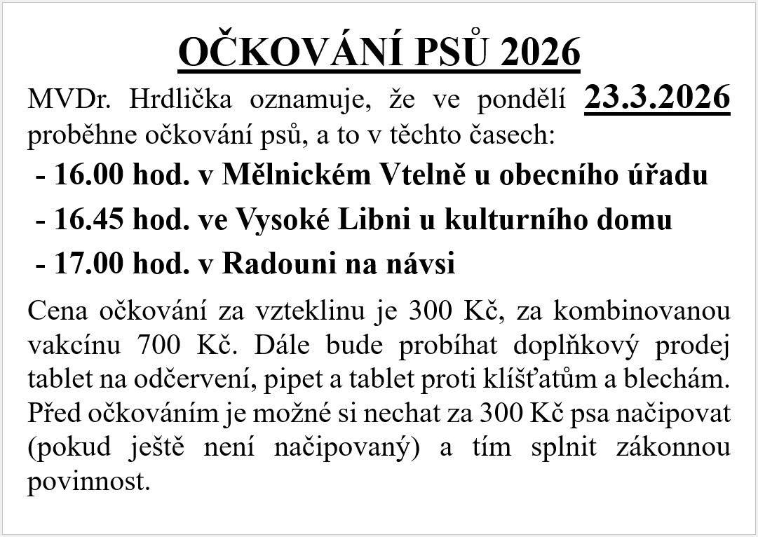 Očkování psů proběhne v našich obcích dne 23.3.2026.
