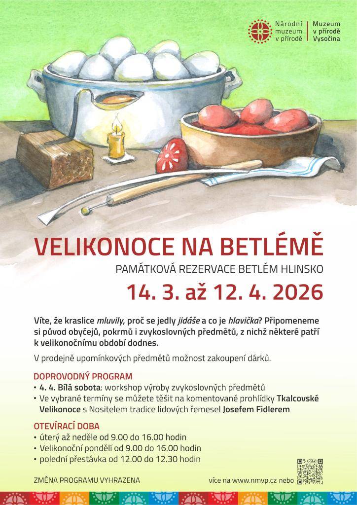 Přijďte oslavit Velikonoce na Betlémě od 14. března do 12. dubna 2026. Akce nabídne možnost seznámit se s velikonočními zvyky, pokrmy a předměty, které k této tradici patří.