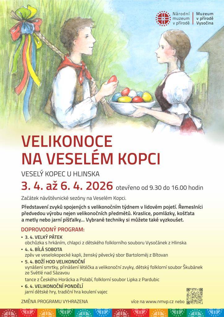 Akce Velikonoce na Veselém Kopci se uskuteční od 3. do 6. dubna 2026, vždy od 9:30 do 16:00 hodin. Návštěvníci se mohou těšit na ukázky velikonočních zvyků a řemesel, včetně výroby kraslic a pomlázek. Součástí programu jsou také vystoupení folklorních souborů a jarní hry pro mladé.