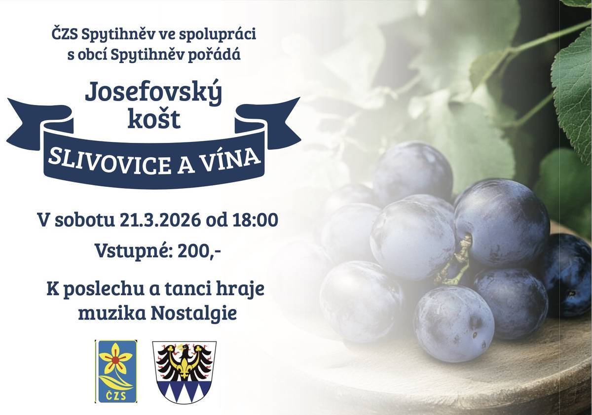 Jménem našich zahrádkářů si vás dovolujeme srdečně pozvat na tradiční Josefovský košt slivovice a vína ve Spytihněvi. Přijďte v sobotu 21. března 2026 od 18:00 ochutnat to nejlepší ze slivovic a vín, pobavit se s přáteli a užít si příjemný večer plný dobré nálady. K tanci a poslechu zahraje muzika Nostalgie. Těšíme se na vás!
