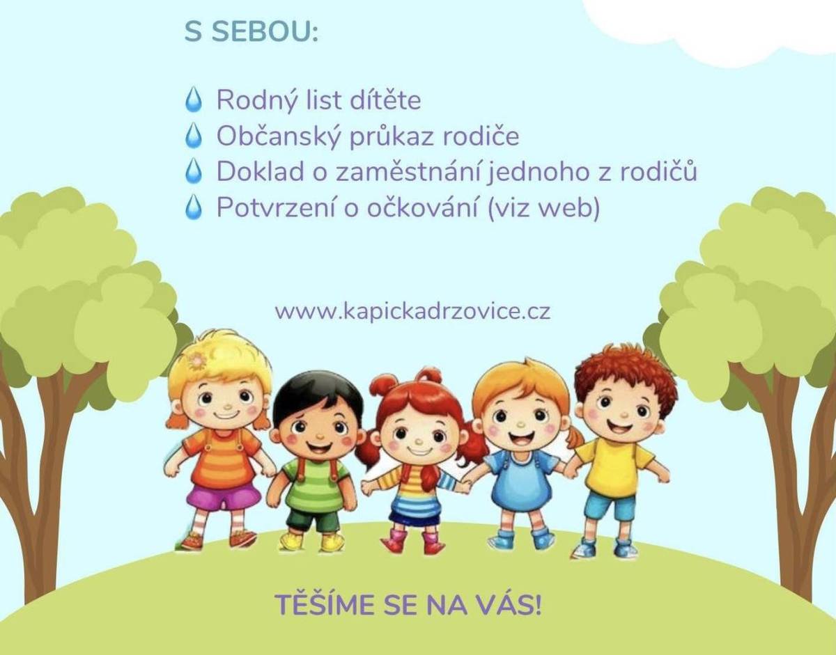 Máme ještě 5 volných míst pro děti ve věku 2–3,5 roku na letošní rok.  Rodiče mohou děti přihlašovat do úterý 24. března. Poté budou neobsazená místa nabídnuta také dětem mimo obec Držovice.  Děti je zároveň možné průběžně přihlašovat i na příští rok.