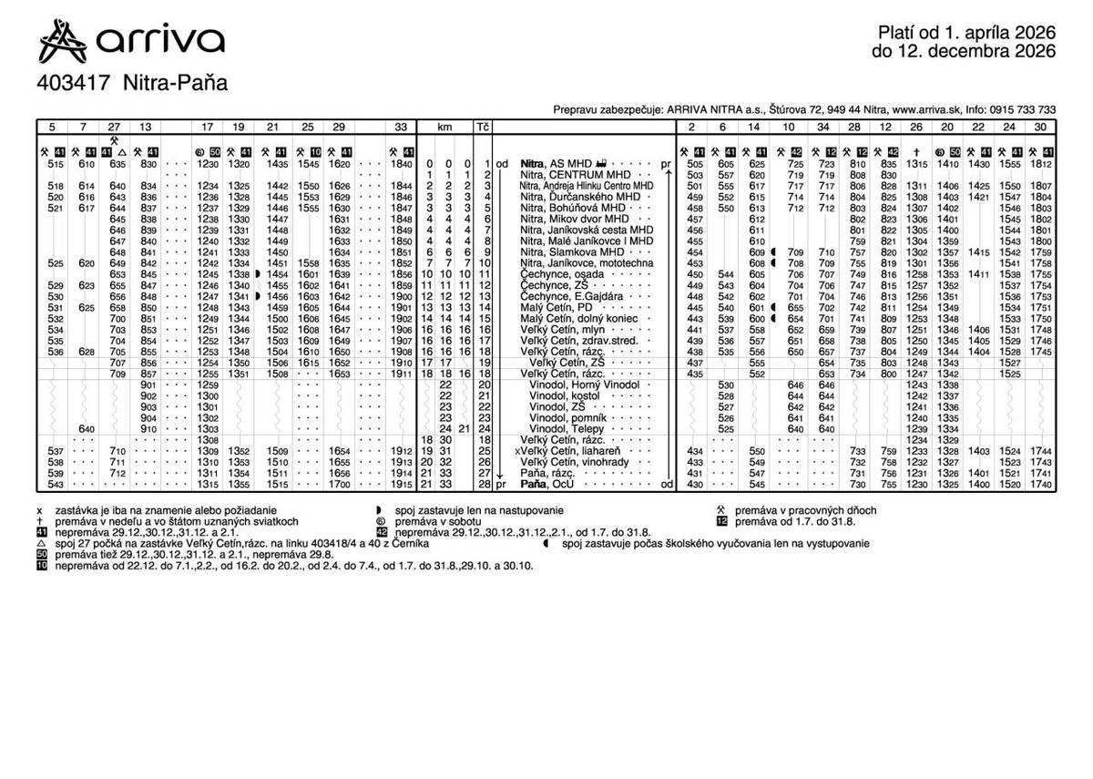 Linka 403417 Nitra-Paňa    Na spoji 10 s odchodom zo zastávky Vinodol, OcÚ o 6.40 h, upravené medzizastávkové časy.    Na linkách 403417, 403418, 403467 a 404407 zmenený názov zastávky Vinodol, OcÚ na Vinodol, Telepy.