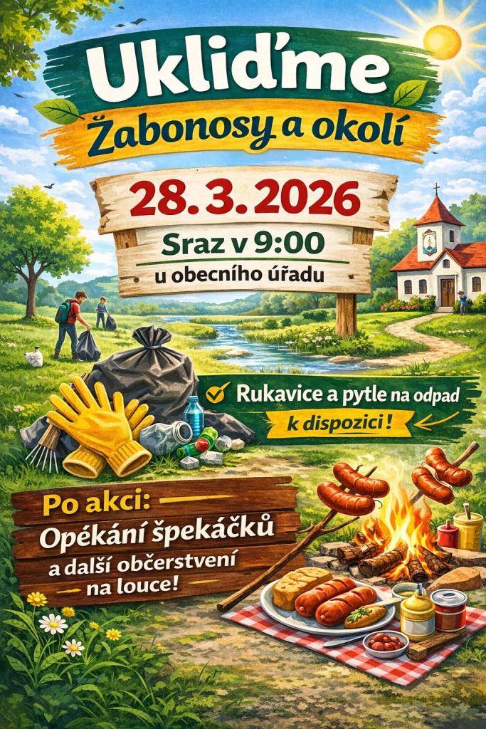 Přijďte se zapojit do akce Ukliďme Žabonosy a okolí, která se koná dne 28.3.2026. Sraz v 9:00 před obecním úřadem, kde se rozdělíme do skupin. Rukavice a pytle na odpad k dispozici.  Po akci malé občerstvení na louce a opékání špekáčků.