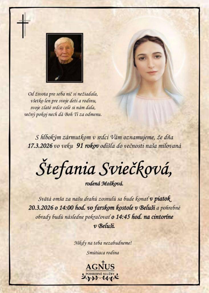 Sviečková Štefánia, rod. Mošková- marec 2026