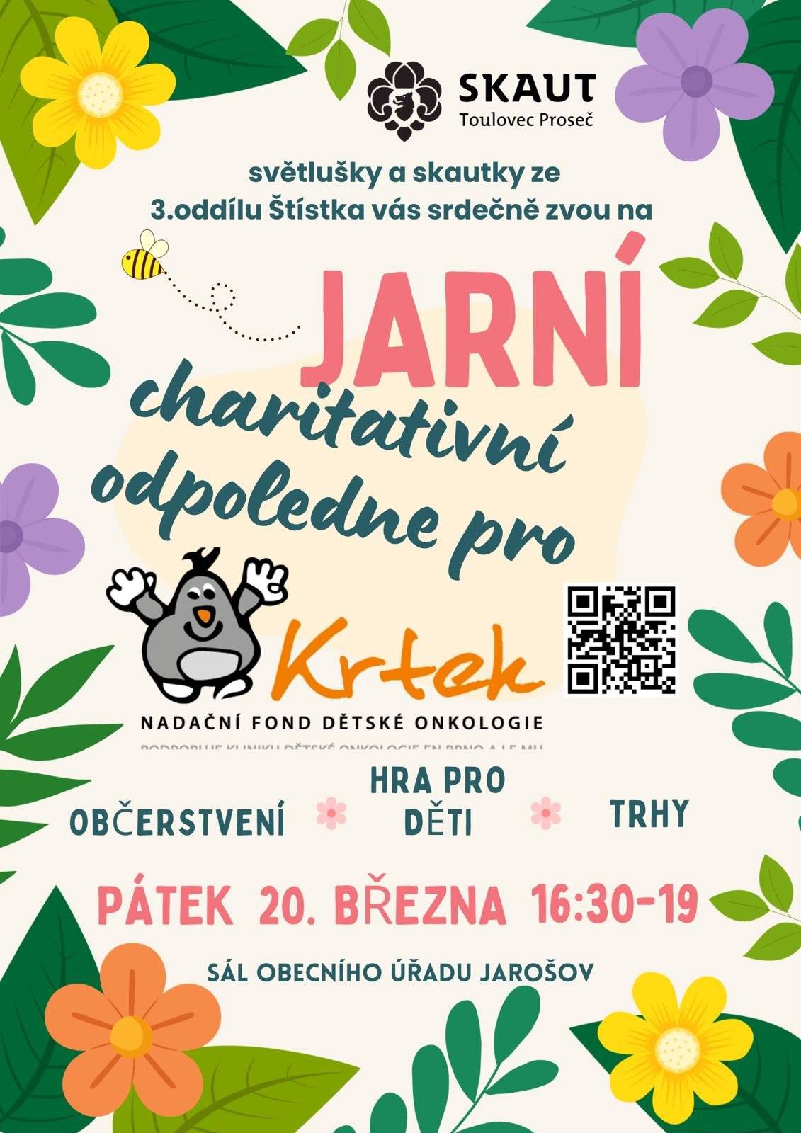 Světlušky a skautky ze 3. oddílu Štístka vás srdečně zvou na Jarní charitativní odpoledne. Mají pro vás připraveno:  hru pro děti, velikonoční trh a občerstvení. Těšíme se na vás v Pá 20.3.2026 od 16:30 do 19:00 hod. na sále Obecního úřadu v Jarošově.