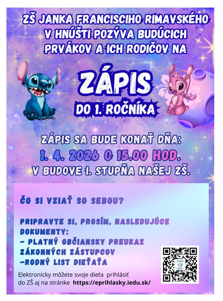 Hnúšťa, 18.3.2026 - Základná škola Janka Francisciho Rimavského v Hnúšti oznamuje, že dňa 1.apríla 2026 o 15:00 hod. sa v budove 1.stupňa ZŠ uskutoční zápis budúcich prvákov.