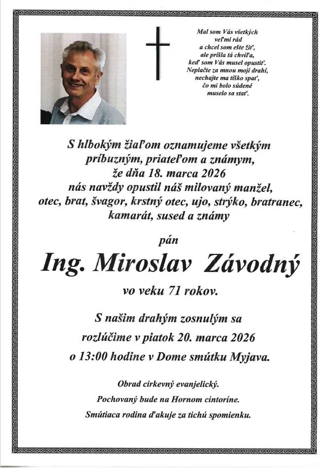 Smútočné oznámenie - Ing. Miroslav Závodný