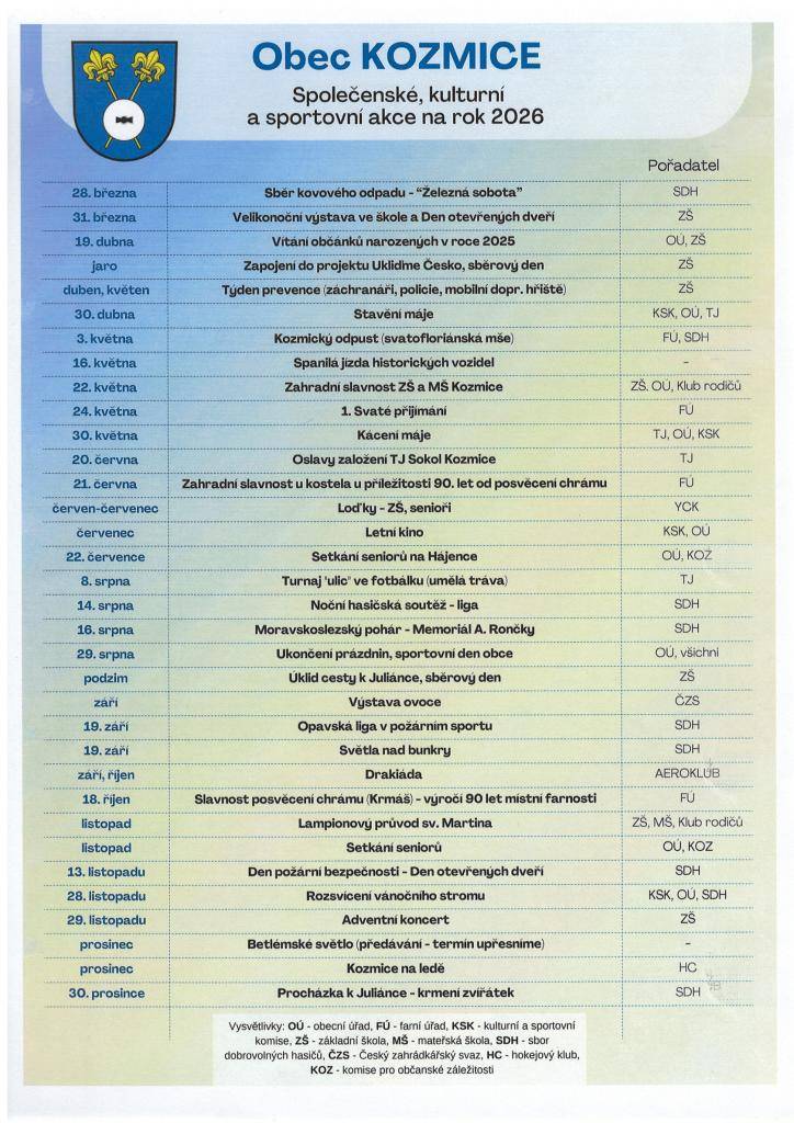 Kalendář akcí  na rok 2026 - obec Kozmice
