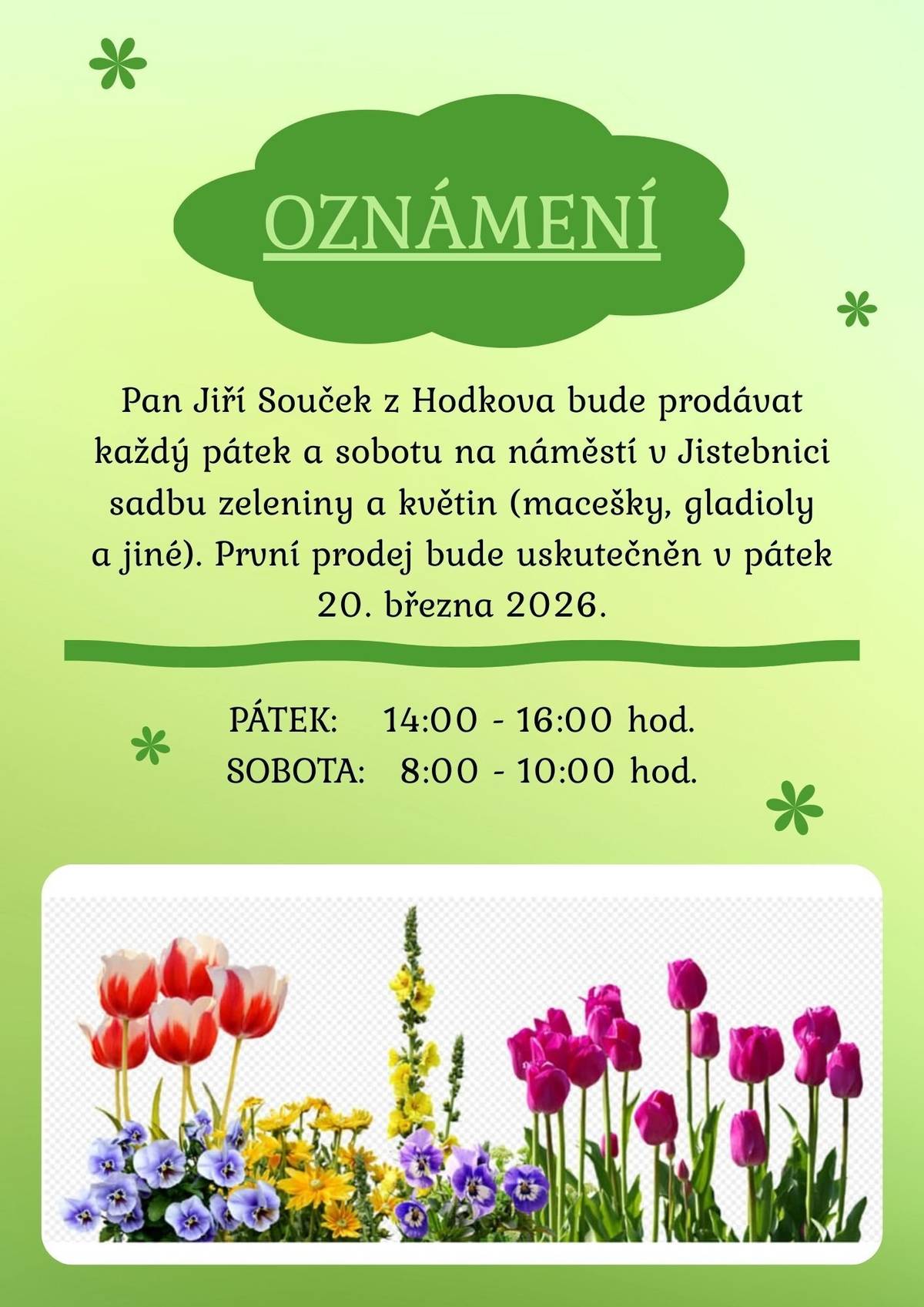 Pan Jiří Souček z Hodkova bude prodávat každý pátek (14.00  - 16.00 hod.) a sobotu (8.00 - 10.00 hod.) na náměstí v Jistebnici sadbu zeleniny a květin. První prodej se uskuteční v pátek 20. března 2026.
