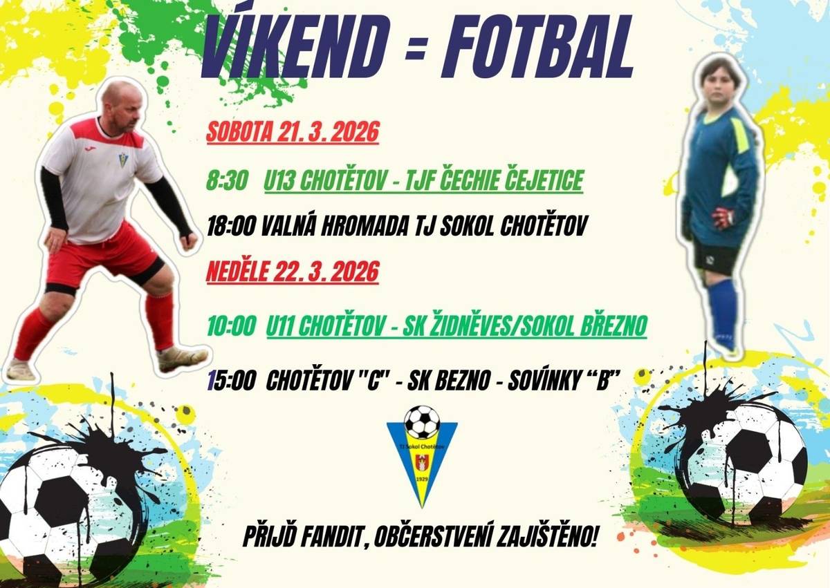 TJ Sokol Chotětov Vás zve i tento víkend na domácí fotbalové bitvy, kde se naplno rozjíždějí i mládežnické soutěže ⚽️.   💁🏻♂️ V sobotu je od 18:00 v kiosku na hřišti valná hromada Sokola 🦅.  💁🏻♂️ V neděli se utká náš "C" tým v derby utkání s SK Bezno - Sovínky "B".  Všichni jste srdečně zváni 🙆🏻♂️.