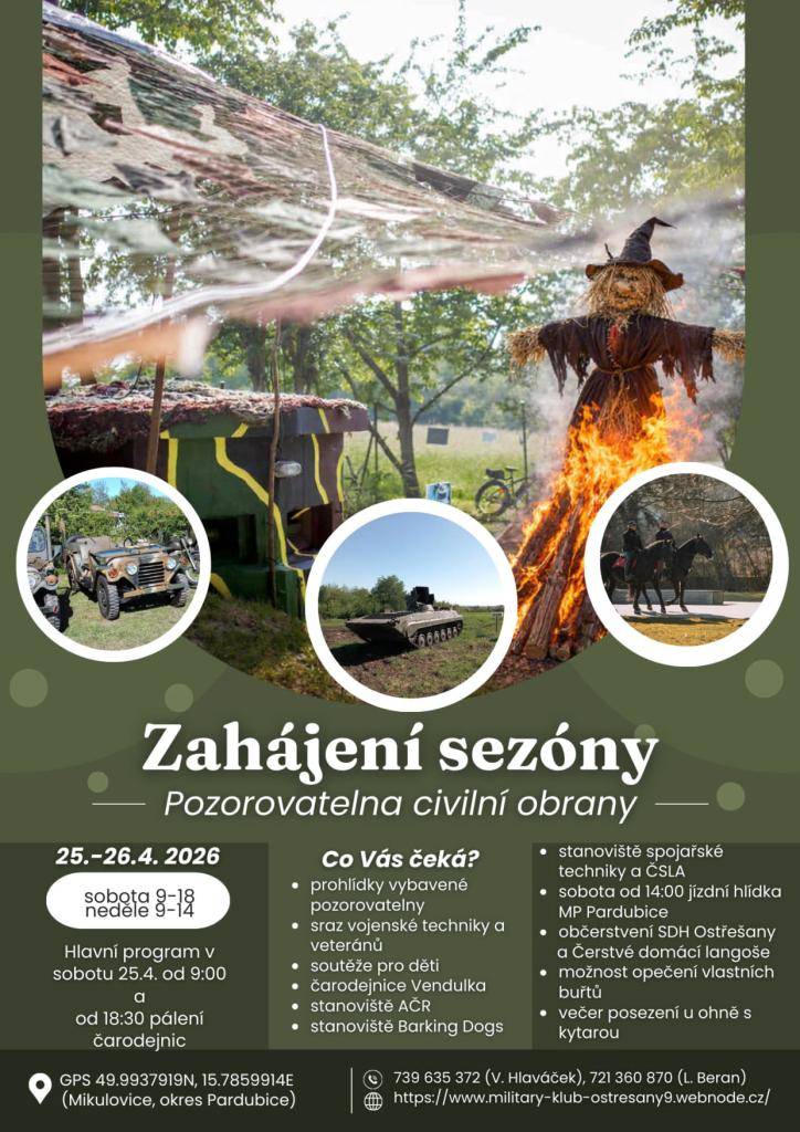 Vážení spoluobčané,  Military klub Ostřešany Vás srdečně zve na otevření pozorovatelny, které se uskuteční v sobotu a neděli 25. a 26. 4. 2026.