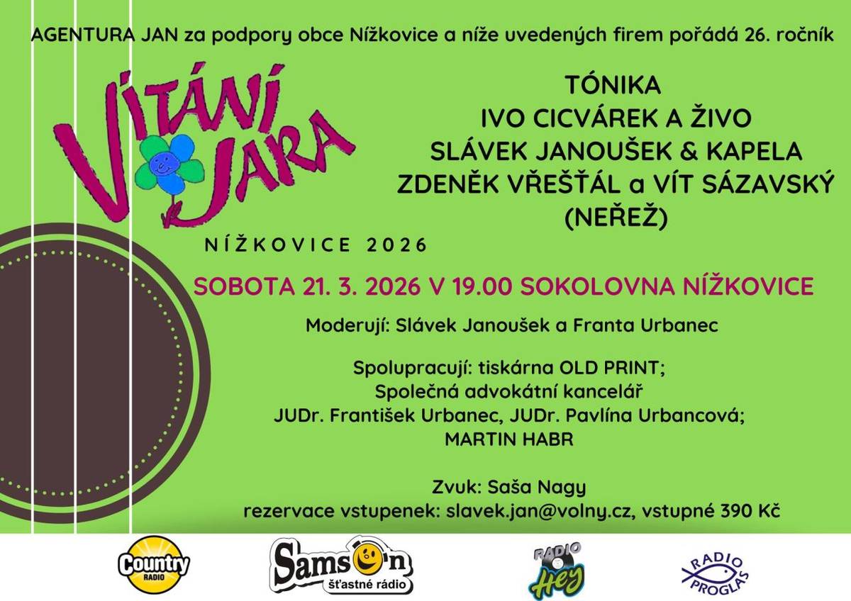 VÍTÁNÍ JARA 2026 proběhne v sobotu 21. března 2026 od 19.00 hod., v sokolovně v Nížkovicích.