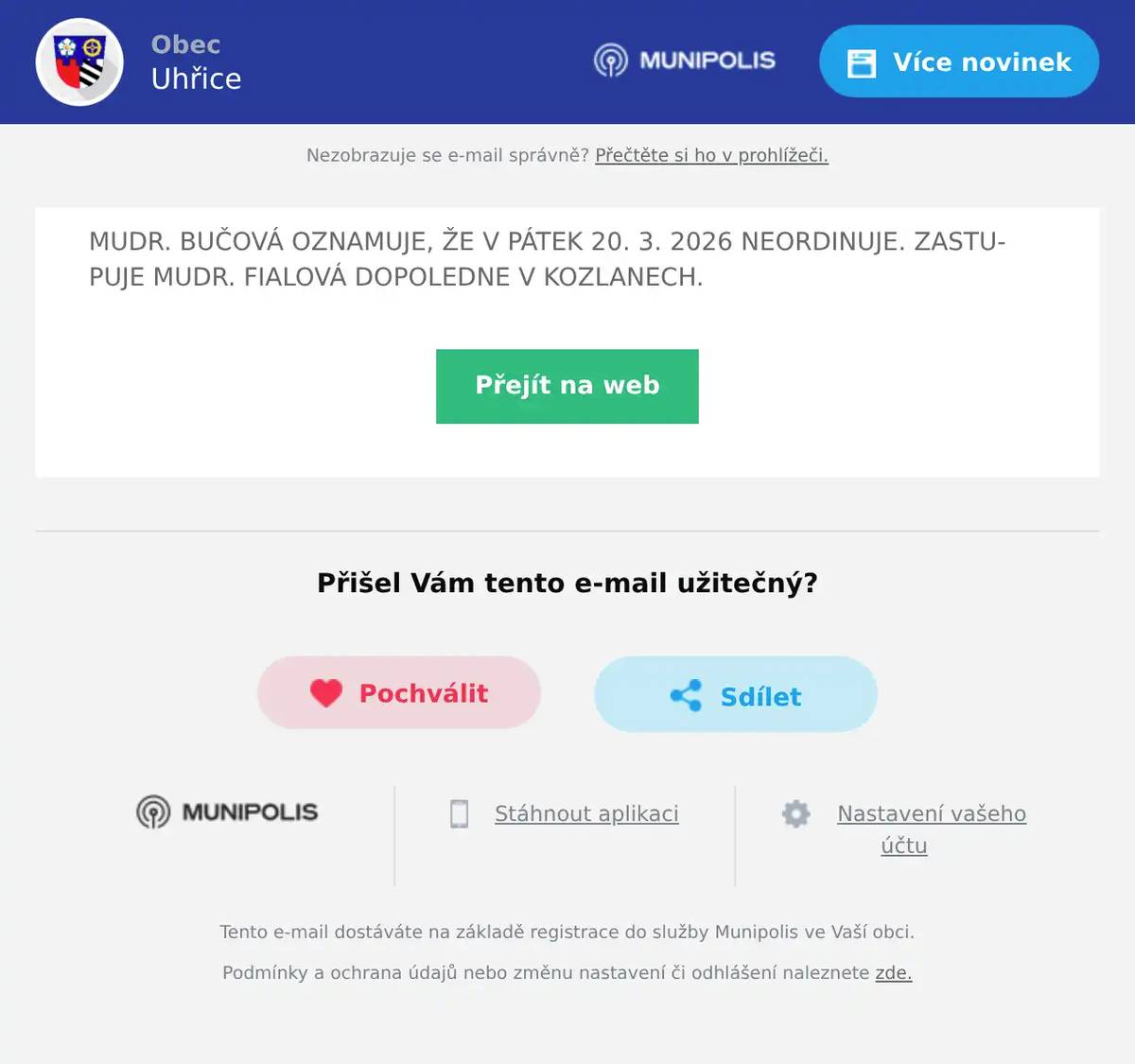 MUDR. BUČOVÁ OZNAMUJE, ŽE V PÁTEK 20. 3. 2026 NEORDINUJE. ZASTUPUJE MUDR. FIALOVÁ DOPOLEDNE V KOZLANECH.