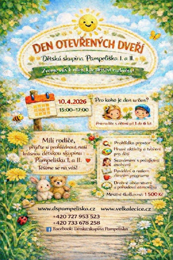 Přijďte si prohlédnout krásnou dětskou skupinku Pampeliška. Na akci se seznámíte s pečujícími osobami a dozvíte se více o našem denním programu. Pro děti je připraveno tvoření a hravé aktivity. Těšit se můžete také na drobné občerstvení a pohodovou atmosféru.