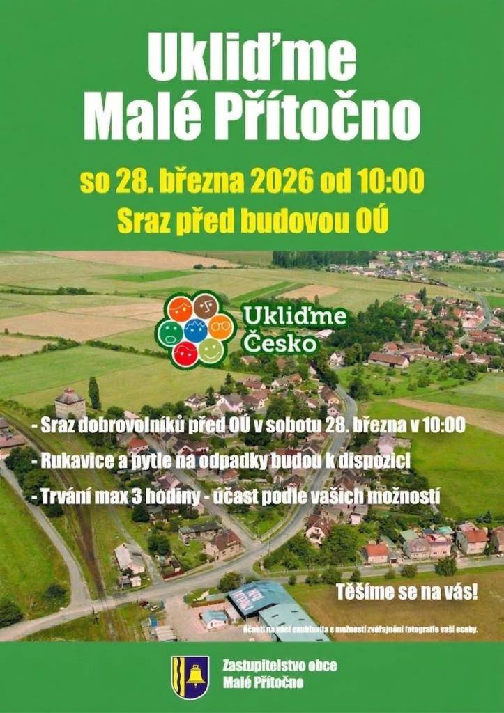 V rámci celorepublikové akce Ukliďme Česko uklidíme i Malé Přítočno. Sejdeme se v sobotu 28.03.2026. v 10:00 před OÚ.