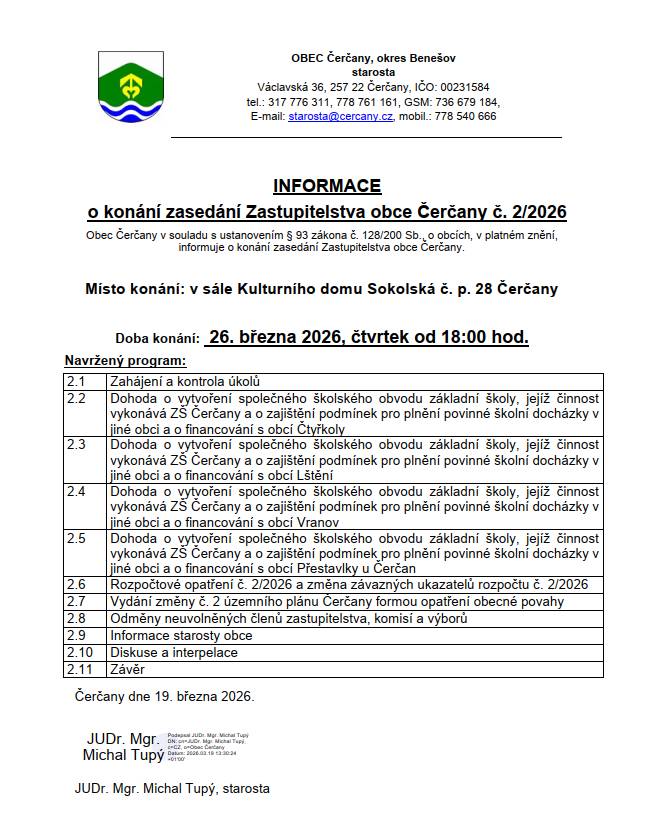 ℹ️Ve čtvrtek 26. 3. 2026 proběhne od 18:00 v sále KD Čerčany veřejné zasedání zastupitelstva obce.  Sledovat jej můžete také online v tomto odkazu👇: https://m.twitch.tv/kd_cercany/home