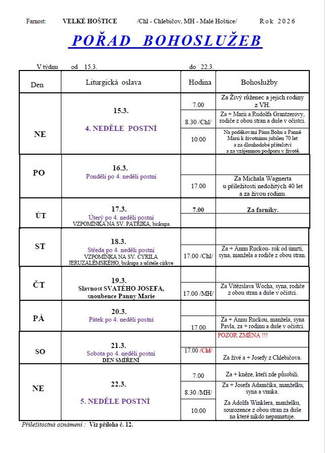 Sobotní mše svatá za živé i zemřelé Josefy z Chlebičova bude sloužena od 17. hod v kapli v Chlebičově.
